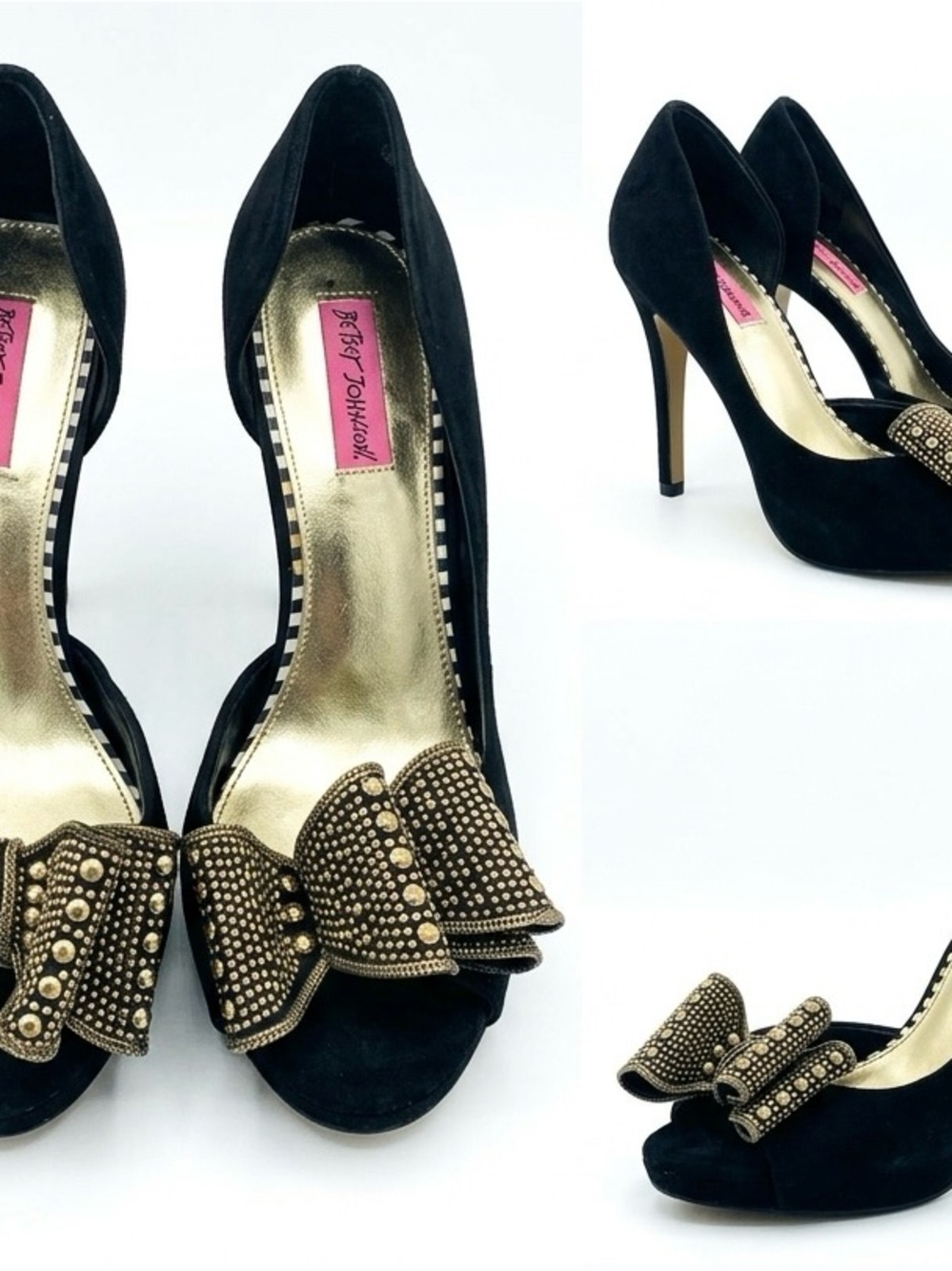 Betsey Johnson Black Suede Peep-Toe Heels with Studded Gold Bow - Picture 2 of 3
